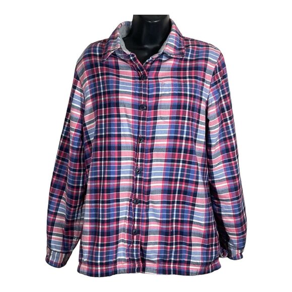 LL Bean Flannel Jacket Womens Small Pink Blue White Plaid Fleece Lined Shacket - Picture 1 of 10